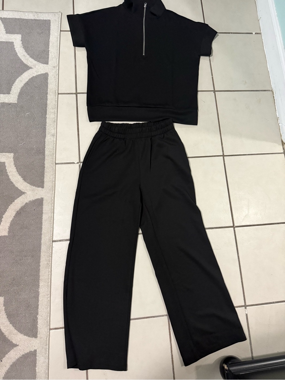 Zenana Black Wide-Leg Elastic-Waist Pants and matching short sleeve 1/4 zip top